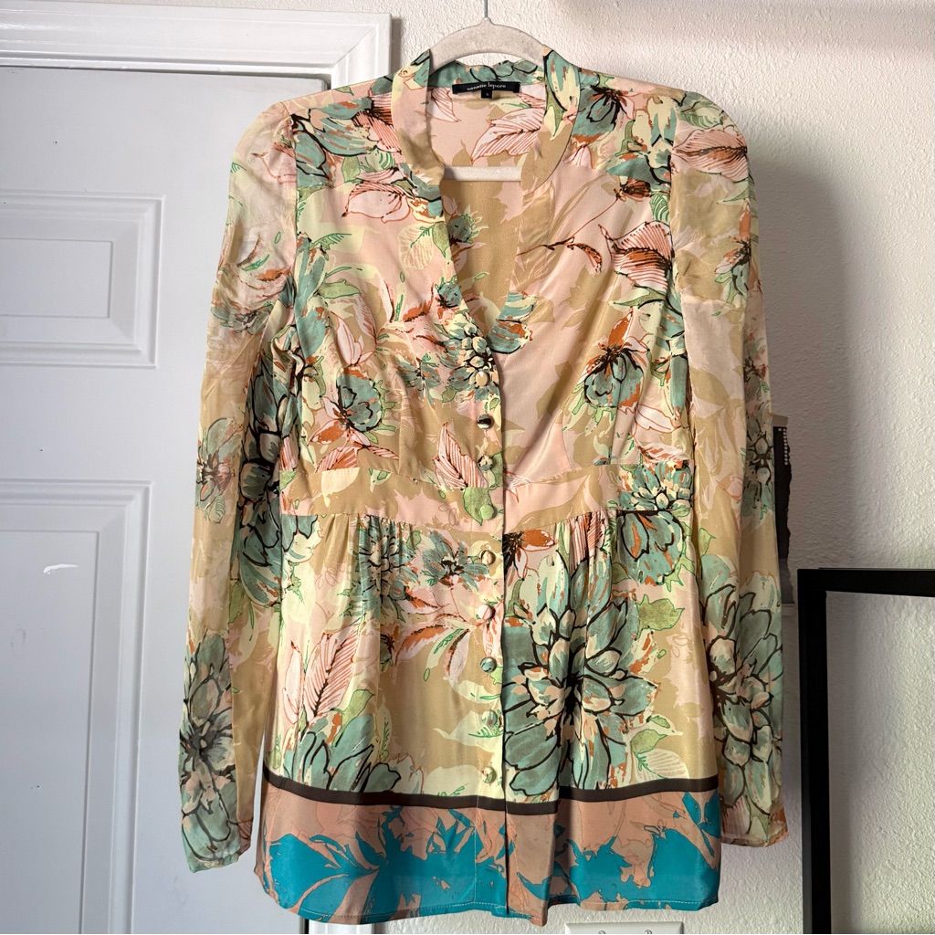 Nanette Lepore Silk Floral Long Sleeve Button Up Blouse Shirt Top